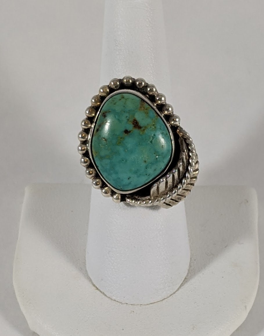 Native American Turquoise Chunky Ring, Sterling Silver Southwest Statement Jewelry, US Size 8