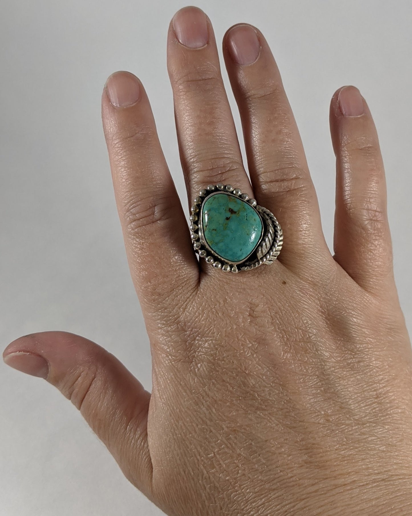 Native American Turquoise Chunky Ring, Sterling Silver Southwest Statement Jewelry, US Size 8