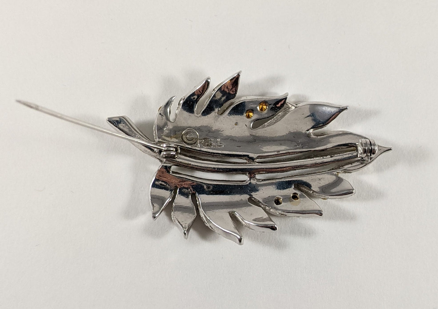 Vintage Pell Leaf Brooch, 1950s Rhinestone Costume Jewelry, Designer Signed, Collectible Signed Brooch, Bridal or Gift for Her