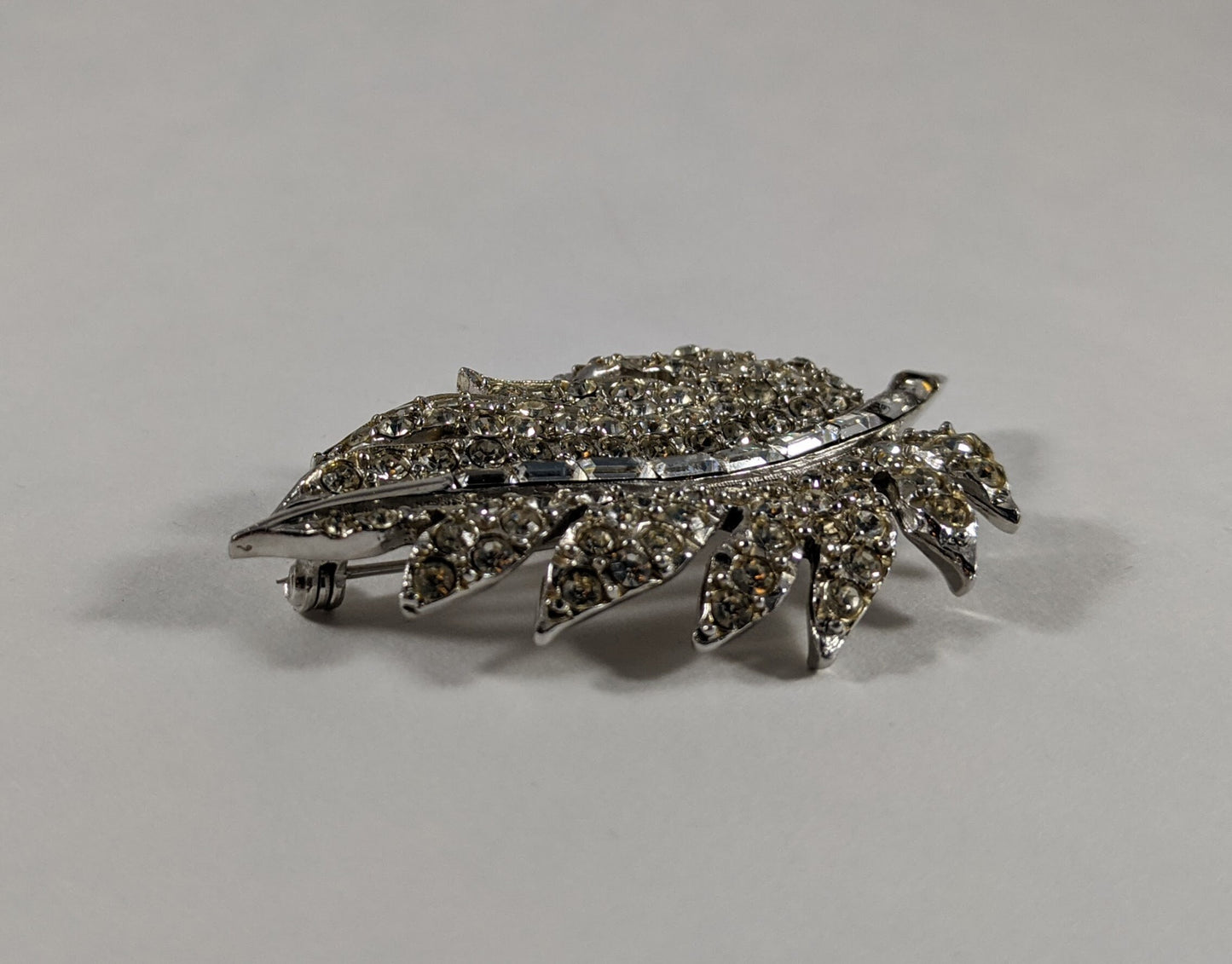 Vintage Pell Leaf Brooch, 1950s Rhinestone Costume Jewelry, Designer Signed, Collectible Signed Brooch, Bridal or Gift for Her