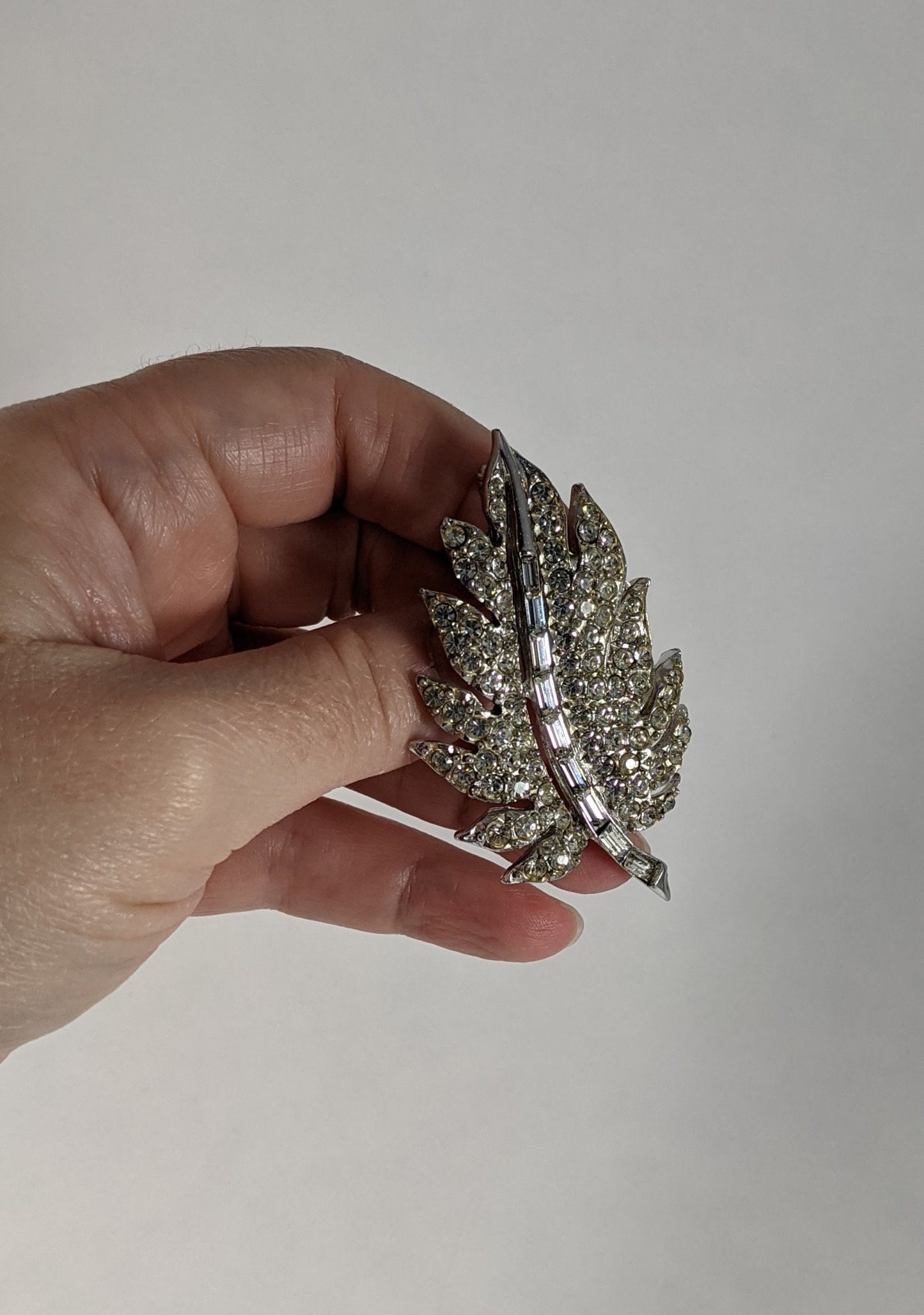 Vintage Pell Leaf Brooch, 1950s Rhinestone Costume Jewelry, Designer Signed, Collectible Signed Brooch, Bridal or Gift for Her