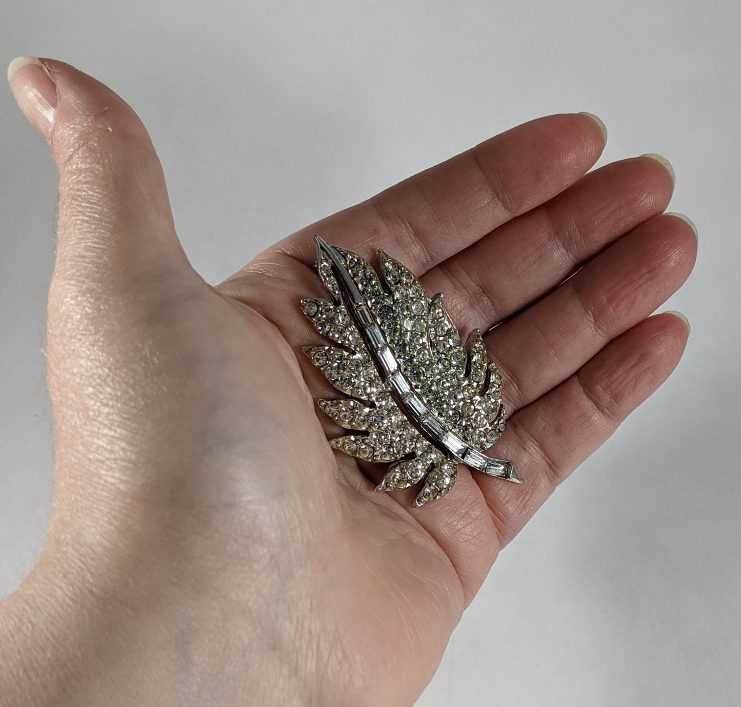 Vintage Pell Leaf Brooch, 1950s Rhinestone Costume Jewelry, Designer Signed, Collectible Signed Brooch, Bridal or Gift for Her