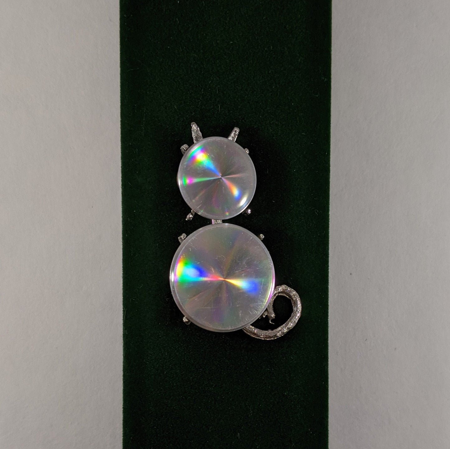 Jewelarama 1961 hologram cat brooch, vintage kitty pin, retro costume jewelry, collectible 1960s psychedelic fun gift for cat lover