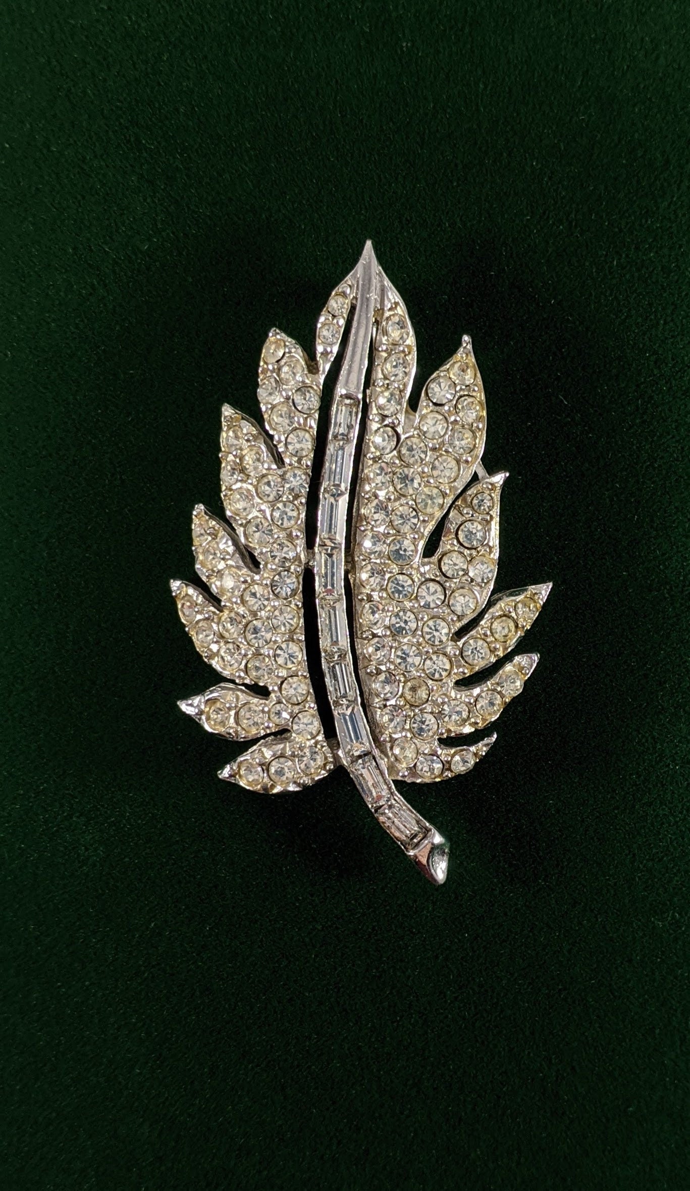 Vintage Pell Leaf Brooch, 1950s Rhinestone Costume Jewelry, Designer Signed, Collectible Signed Brooch, Bridal or Gift for Her