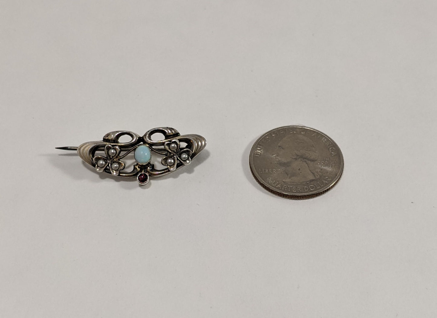 Opal and Garnet Art Nouveau Brooch, Antique Seed Pearl Jewelry