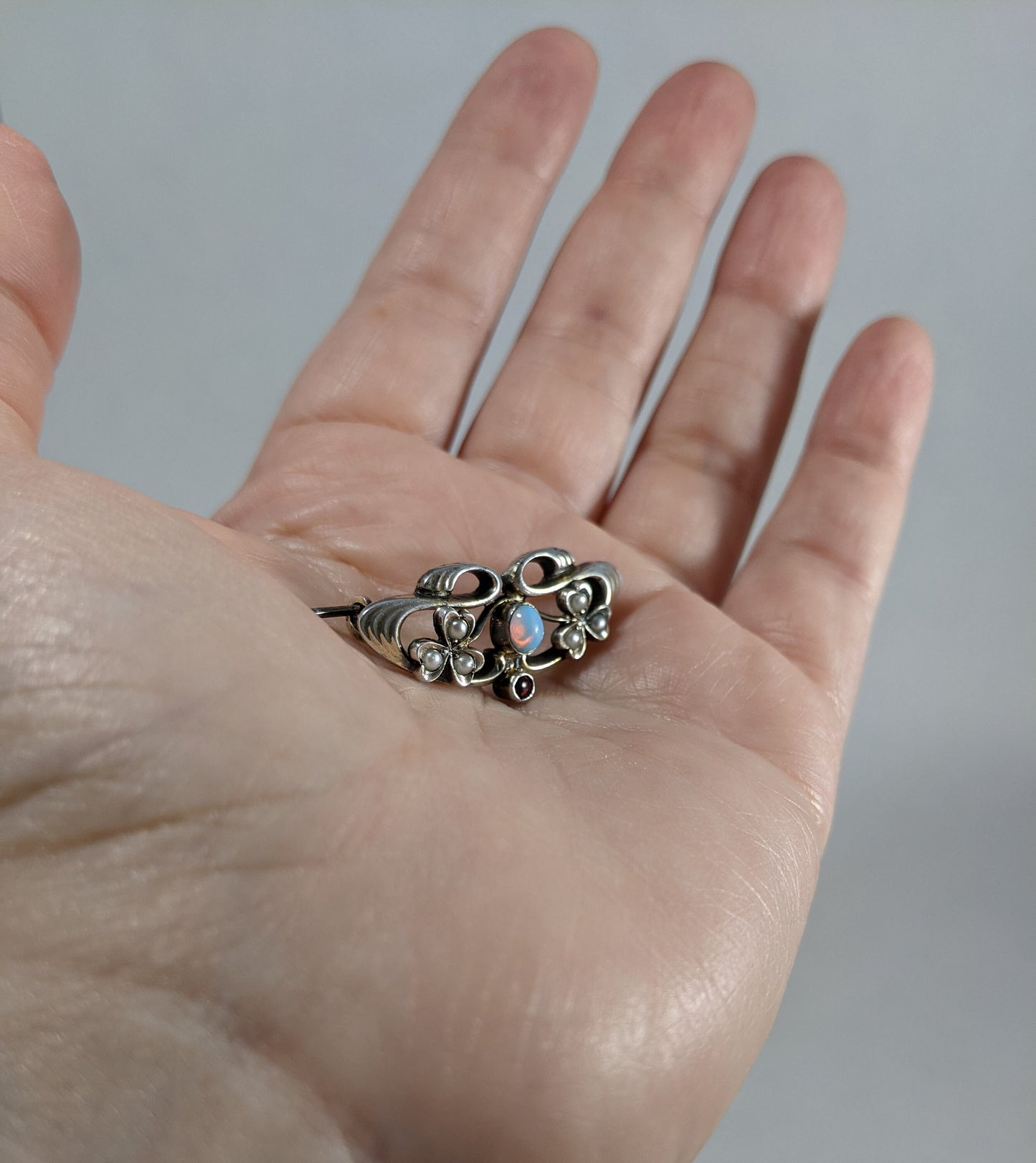 Opal and Garnet Art Nouveau Brooch, Antique Seed Pearl Jewelry