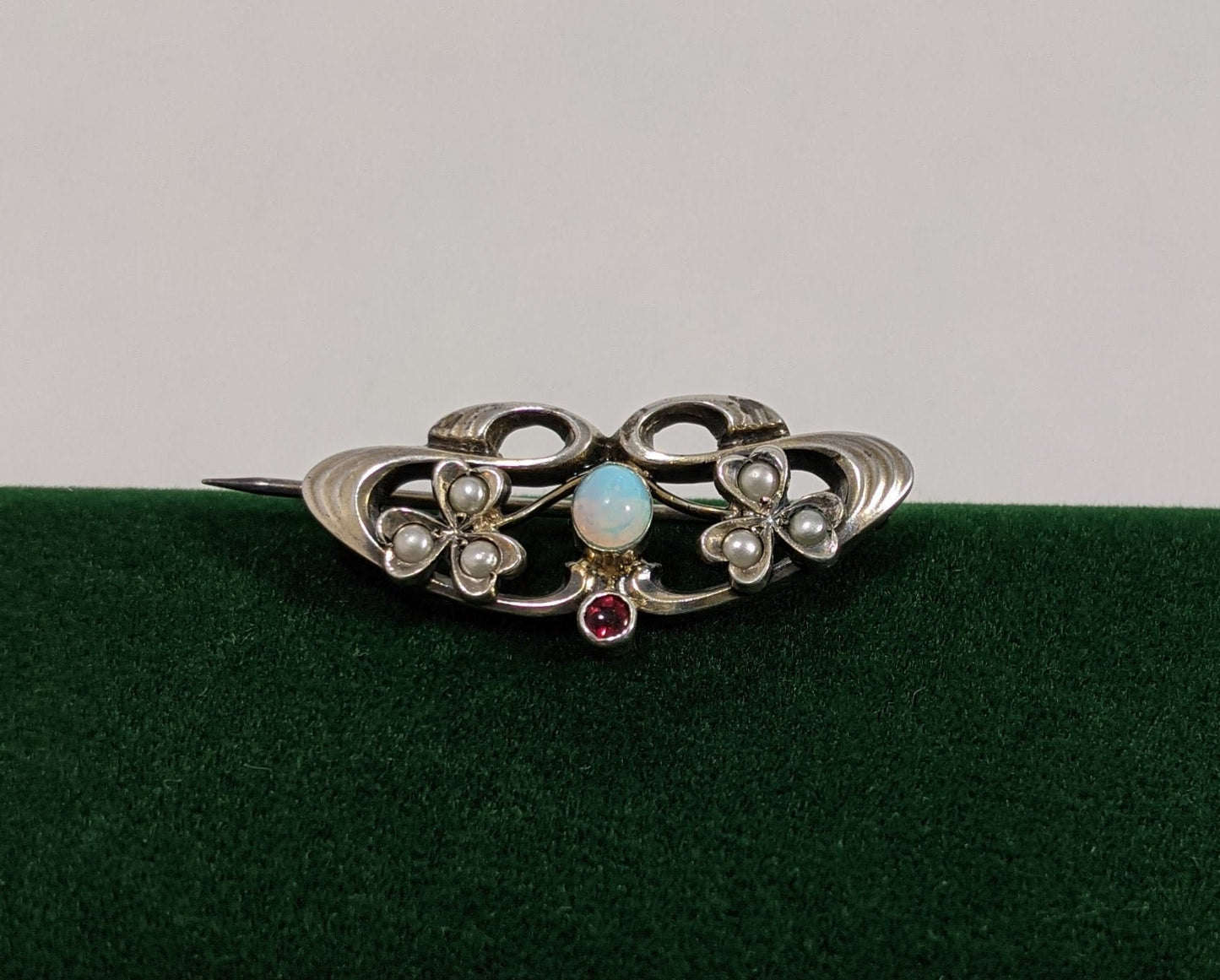 Opal and Garnet Art Nouveau Brooch, Antique Seed Pearl Jewelry