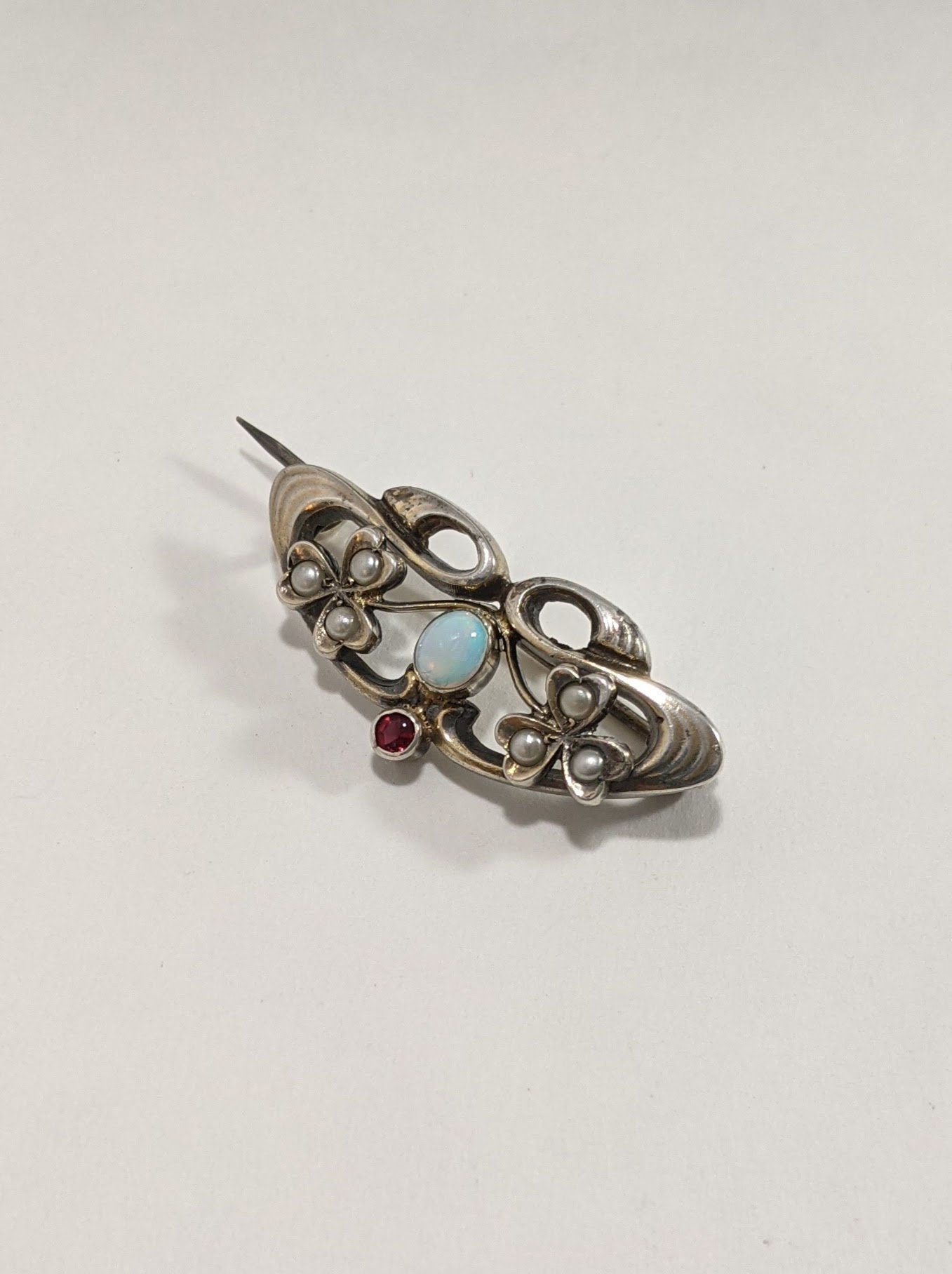 Opal and Garnet Art Nouveau Brooch, Antique Seed Pearl Jewelry
