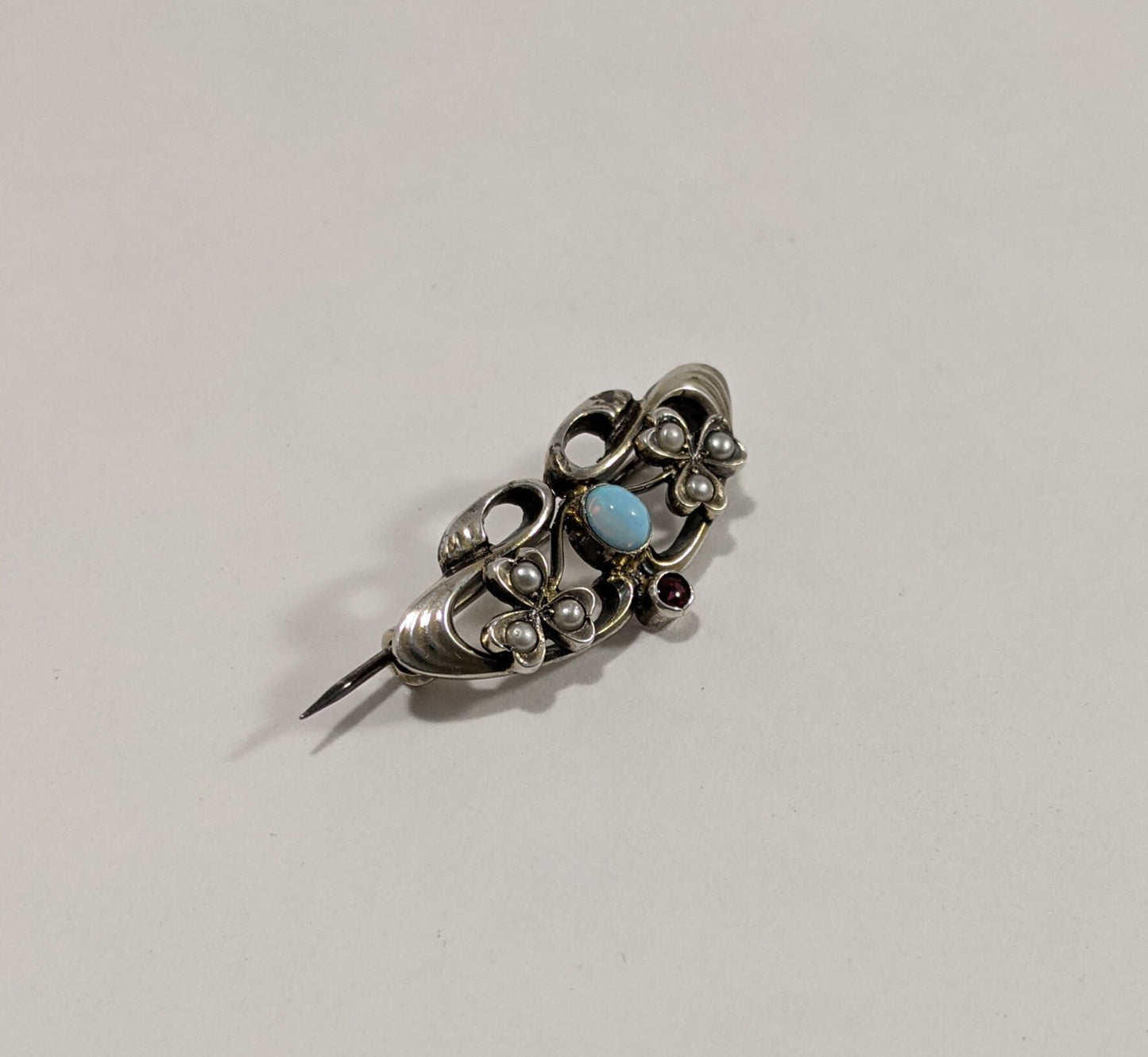 Opal and Garnet Art Nouveau Brooch, Antique Seed Pearl Jewelry