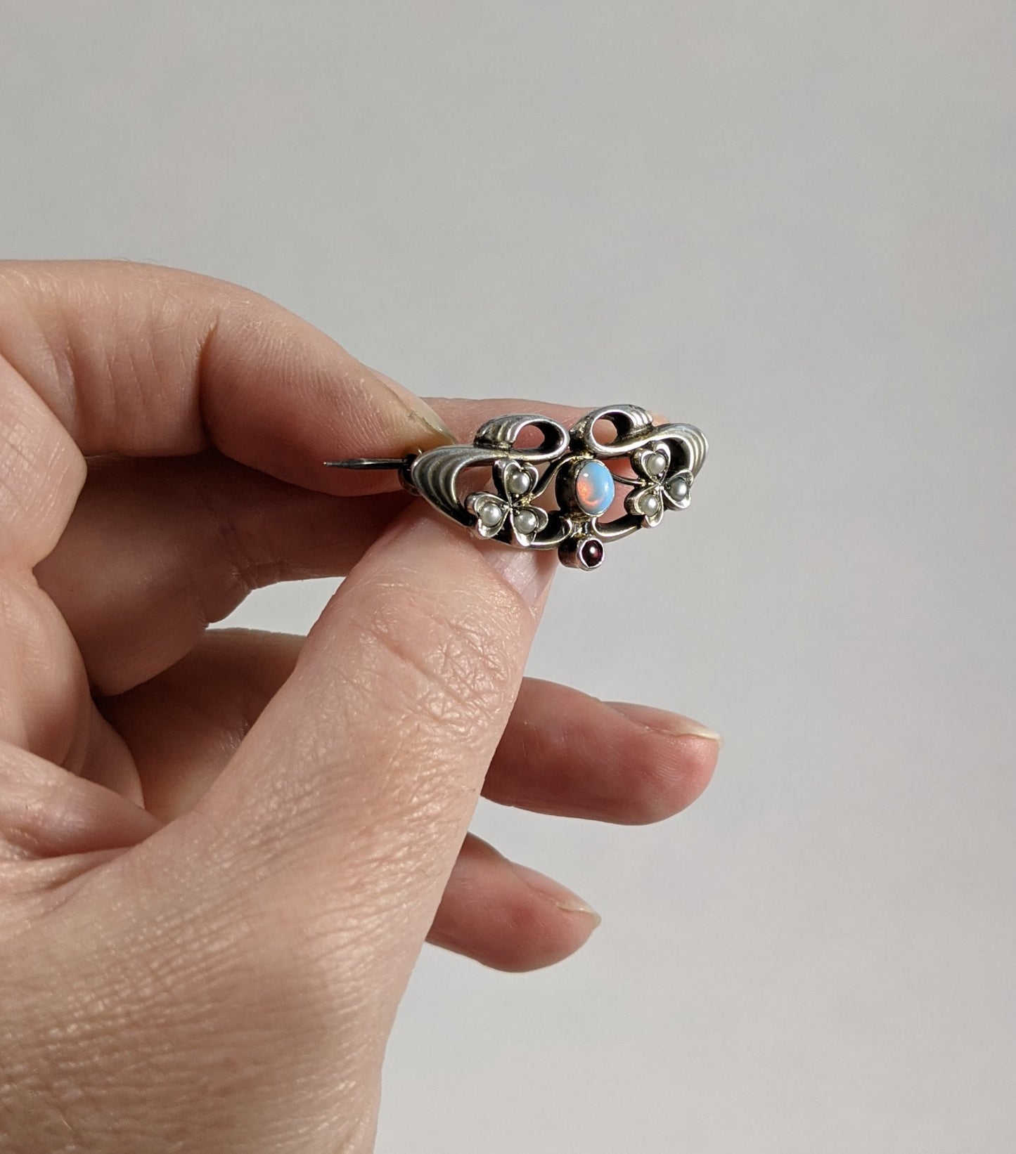 Opal and Garnet Art Nouveau Brooch, Antique Seed Pearl Jewelry