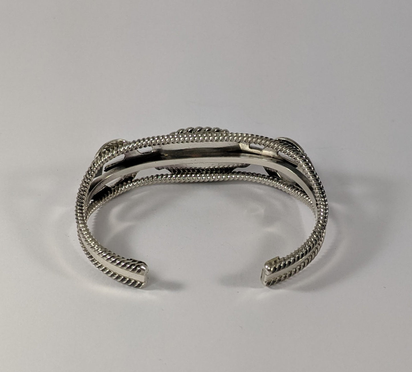 Sterling Silver and Turquoise Cuff Bracelet with Traditional Naja Design and Rope Detail, Signed Running Bear