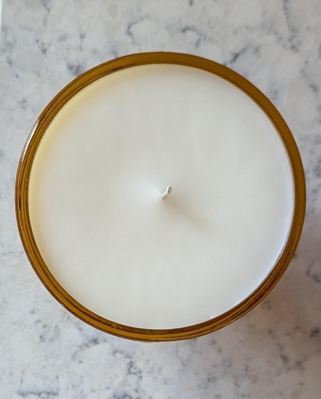 Hand-poured vintage glass candle with coco-soy wax blend, 'Oh, Sugar Cookie!' scent, Daisy amber design, 6oz.
