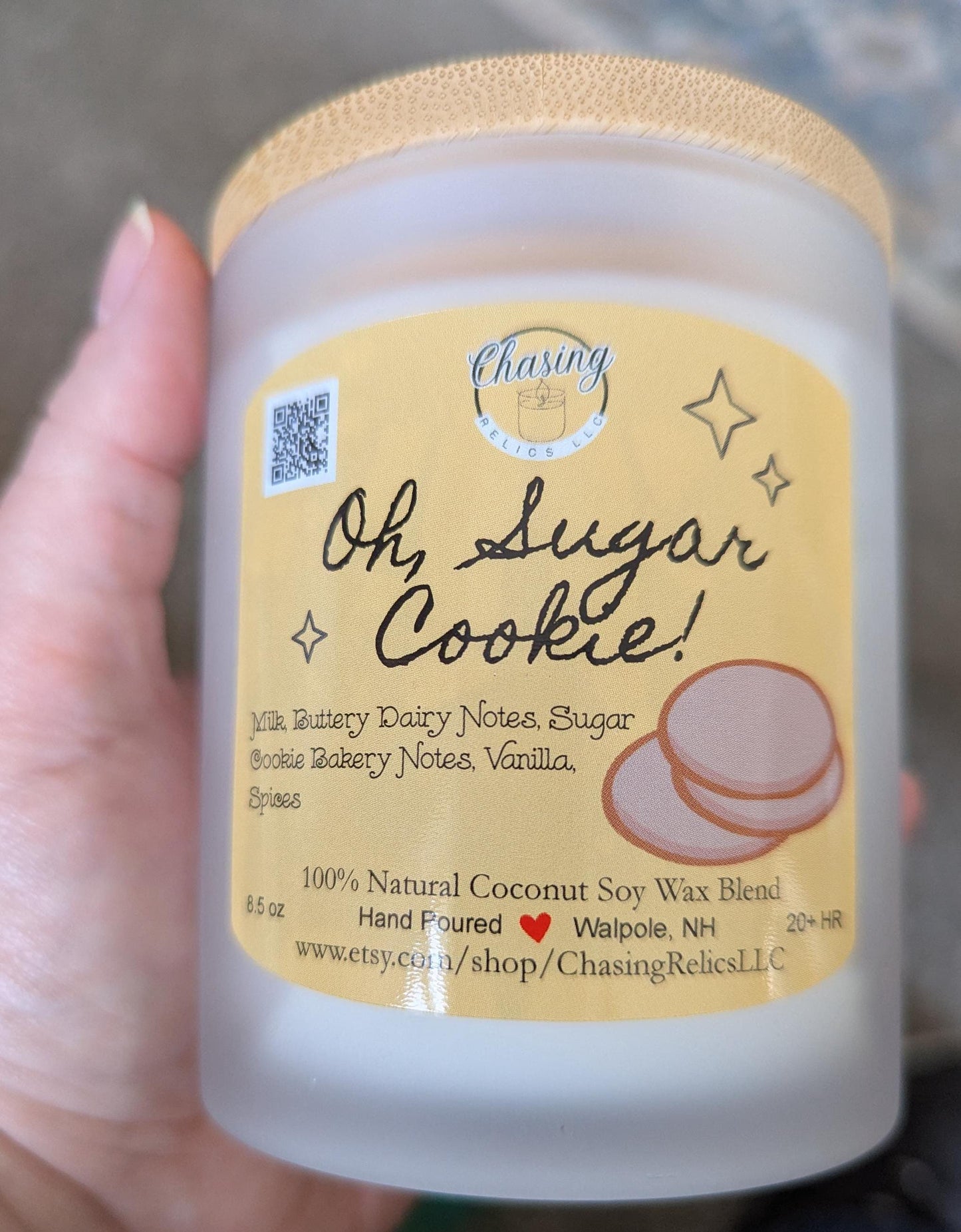 Hand-poured frosted glass jar candle with coco-soy wax blend, 'Oh, Sugar Cookie!' scent, lidded, 8.5oz.