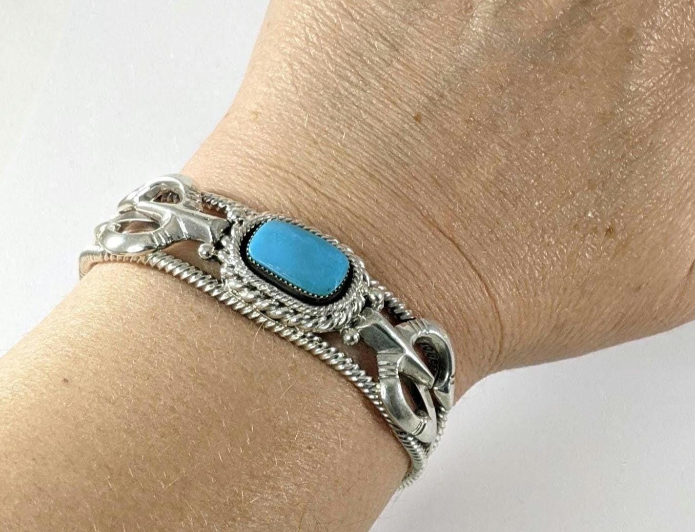 Sterling Silver and Turquoise Cuff Bracelet with Traditional Naja Design and Rope Detail, Signed Running Bear