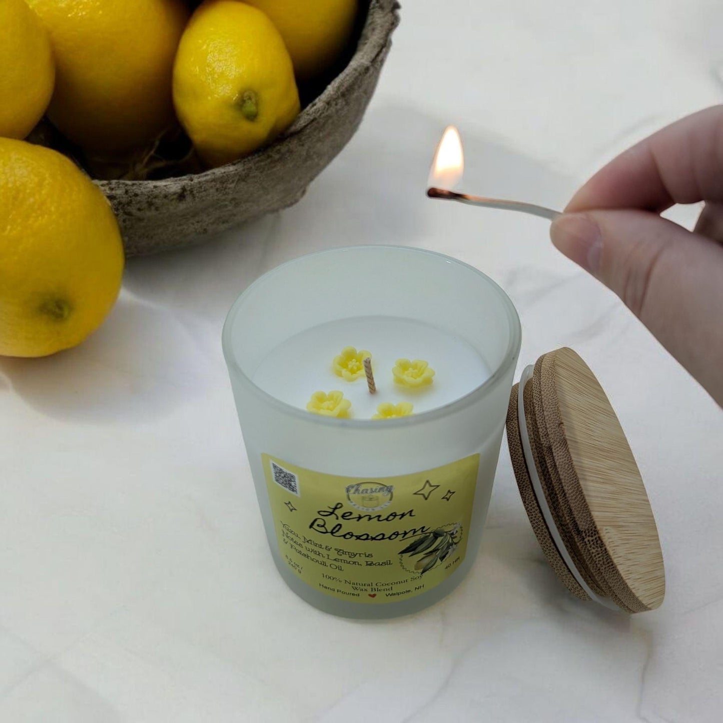 Lemon Blossom Candle – 8.5 oz | Hand-Poured in Frosted Jar with Bamboo Lid | Phthalate-Free | Summer Scent