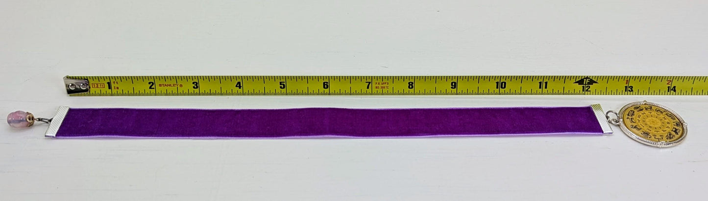 Zodiac Velvet Bookmark β Vintage Astrology Charm & Gemstone Accent | 12" Purple Ribbon | Handmade Gift for Readers and Horoscope Lovers