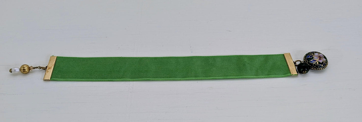 Emerald Velvet Bookmark with Vintage Floral Cloisonné Charm | Handmade Ribbon Bookmark | Luxe Book Lover Gift | 8" Length Medium Book Size