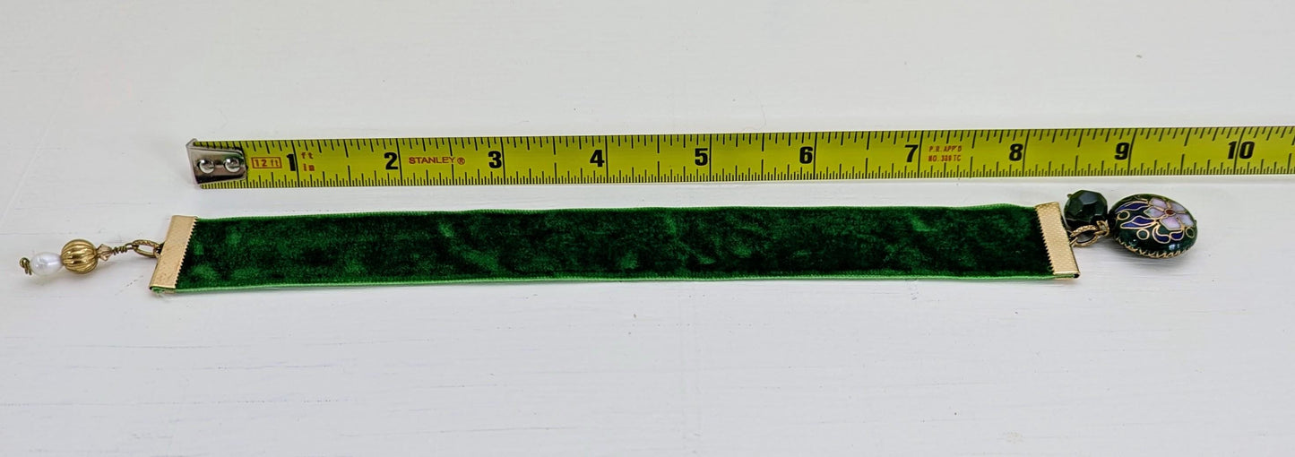 Emerald Velvet Bookmark with Vintage Floral Cloisonné Charm | Handmade Ribbon Bookmark | Luxe Book Lover Gift | 8" Length Medium Book Size