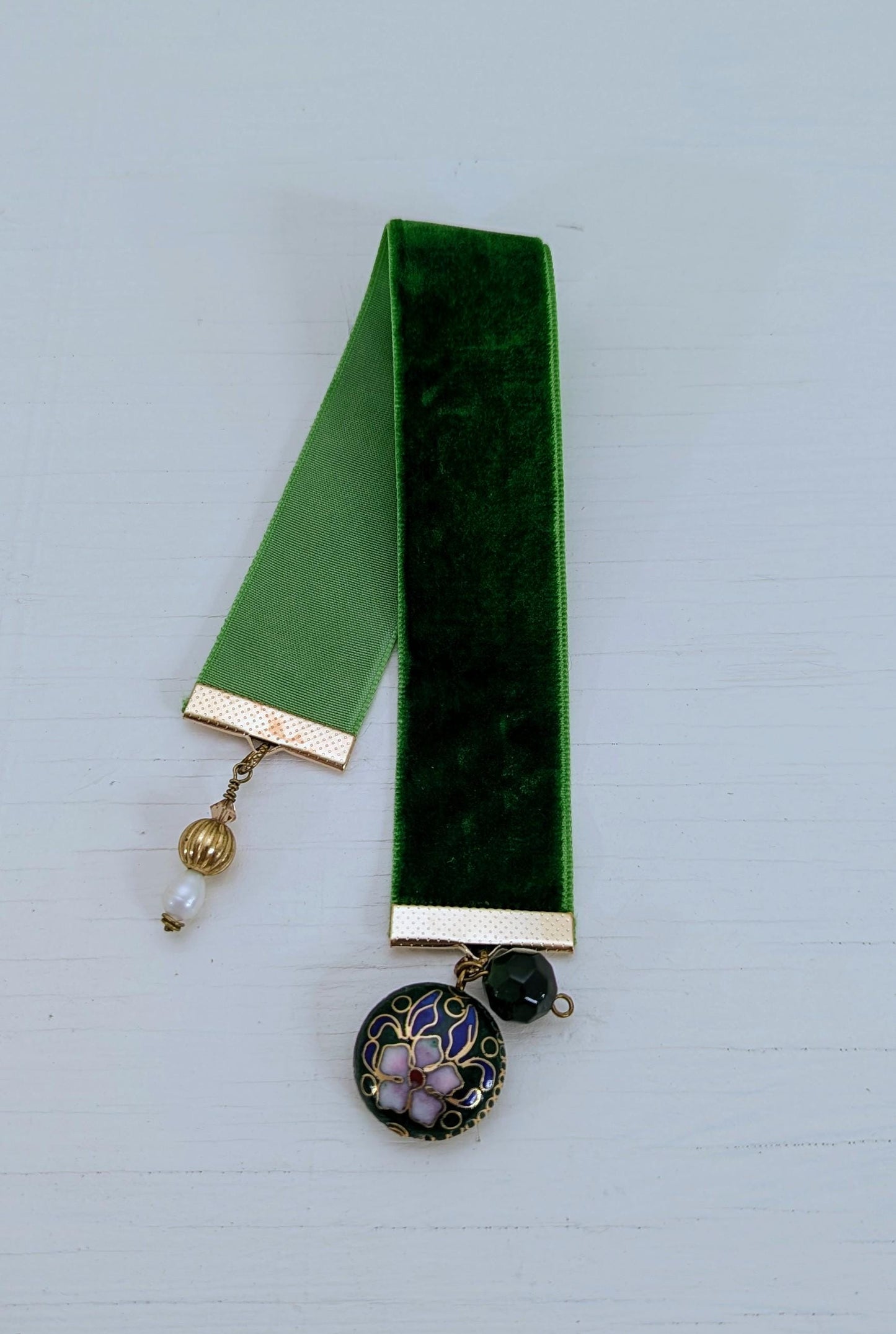 Emerald Velvet Bookmark with Vintage Floral Cloisonné Charm | Handmade Ribbon Bookmark | Luxe Book Lover Gift | 8" Length Medium Book Size