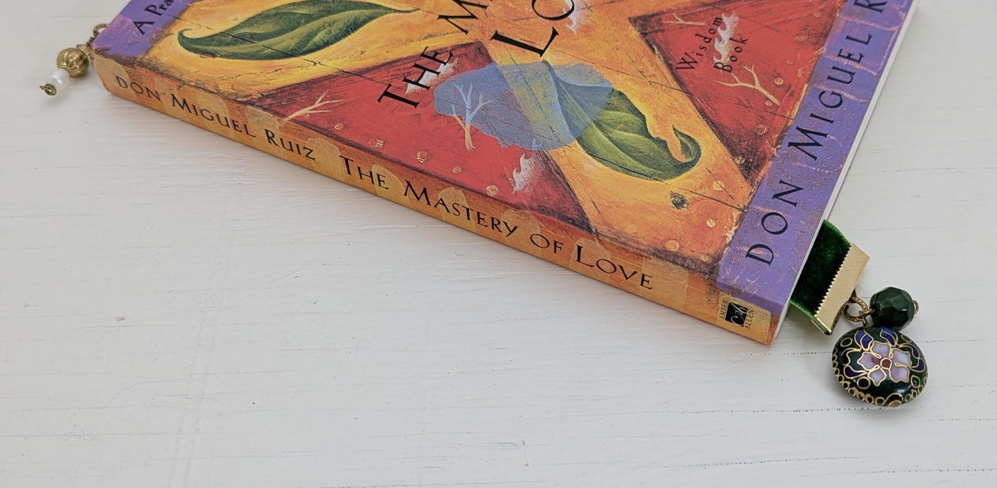 Emerald Velvet Bookmark with Vintage Floral Cloisonné Charm | Handmade Ribbon Bookmark | Luxe Book Lover Gift | 8" Length Medium Book Size