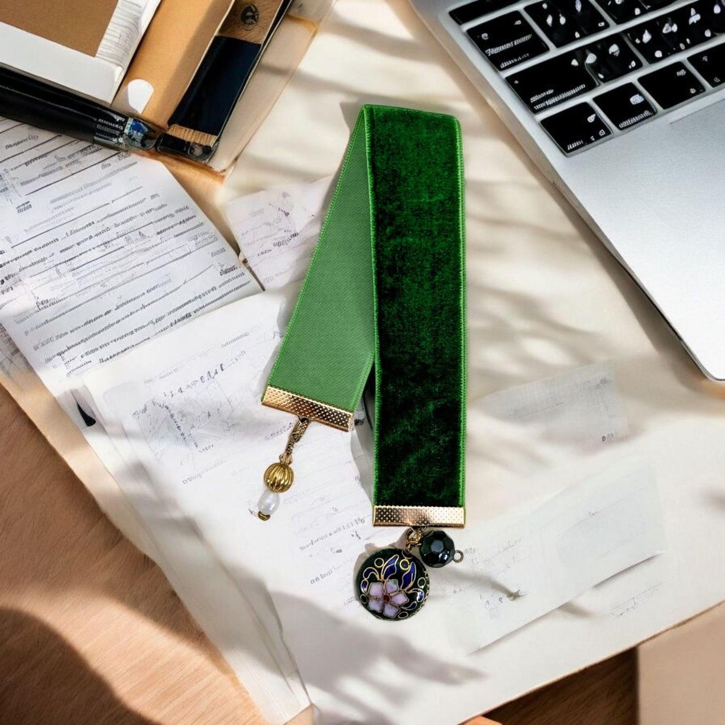 Emerald Velvet Bookmark with Vintage Floral Cloisonné Charm | Handmade Ribbon Bookmark | Luxe Book Lover Gift | 8" Length Medium Book Size