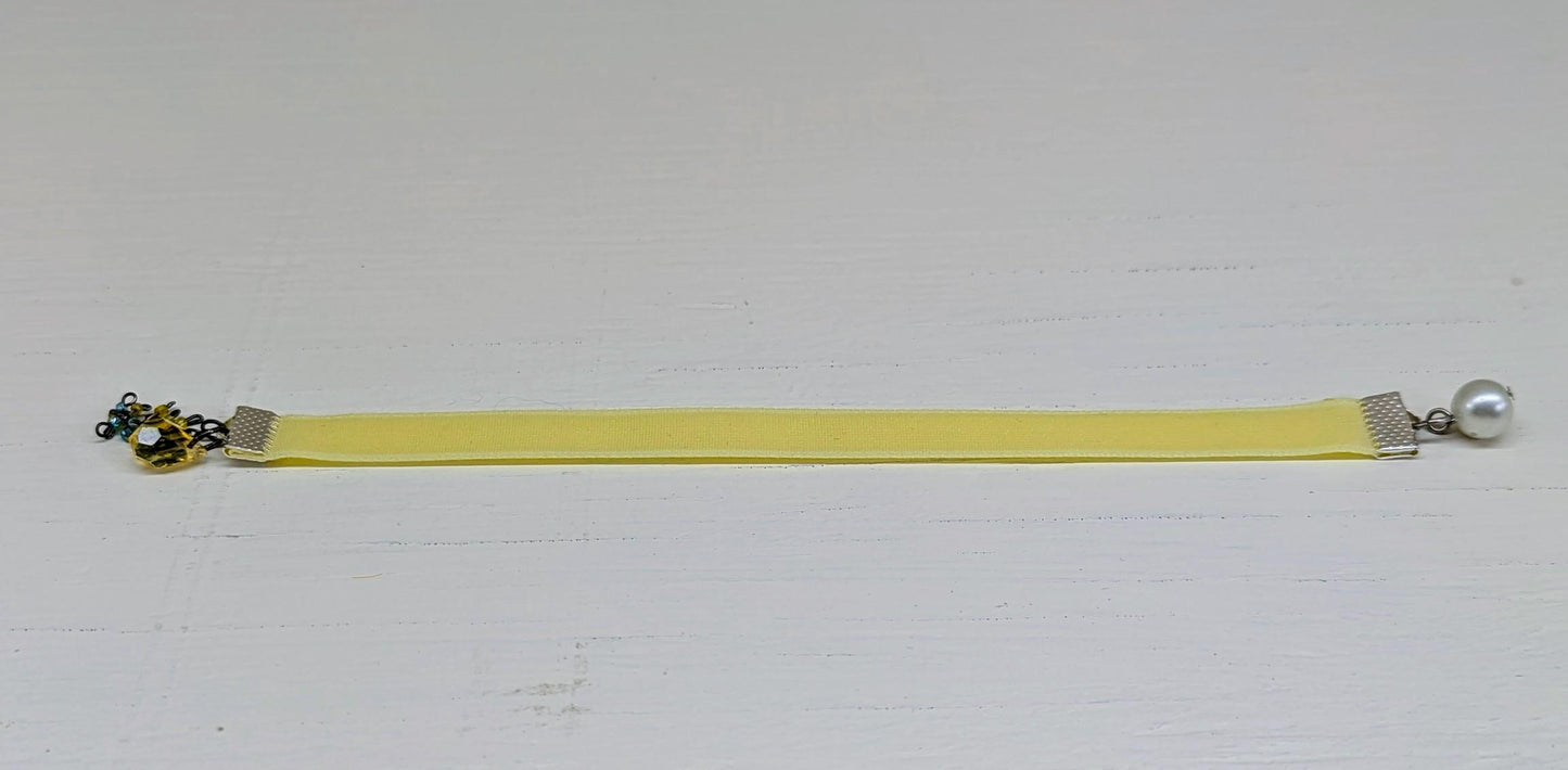Sunny Velvet Bookmark with Vintage Beads – 6" Handmade Ribbon Bookmark with Pearl & Yellow Gem Dangles – Boho Book Accessory Gift