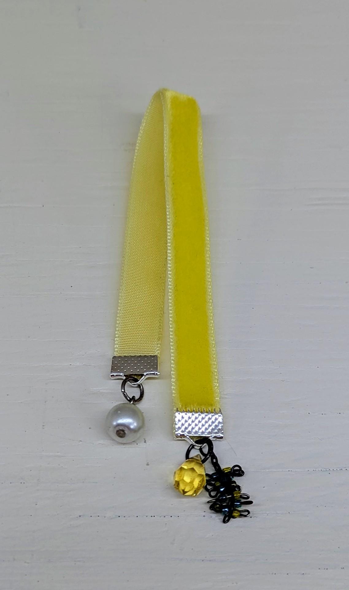 Sunny Velvet Bookmark with Vintage Beads – 6" Handmade Ribbon Bookmark with Pearl & Yellow Gem Dangles – Boho Book Accessory Gift