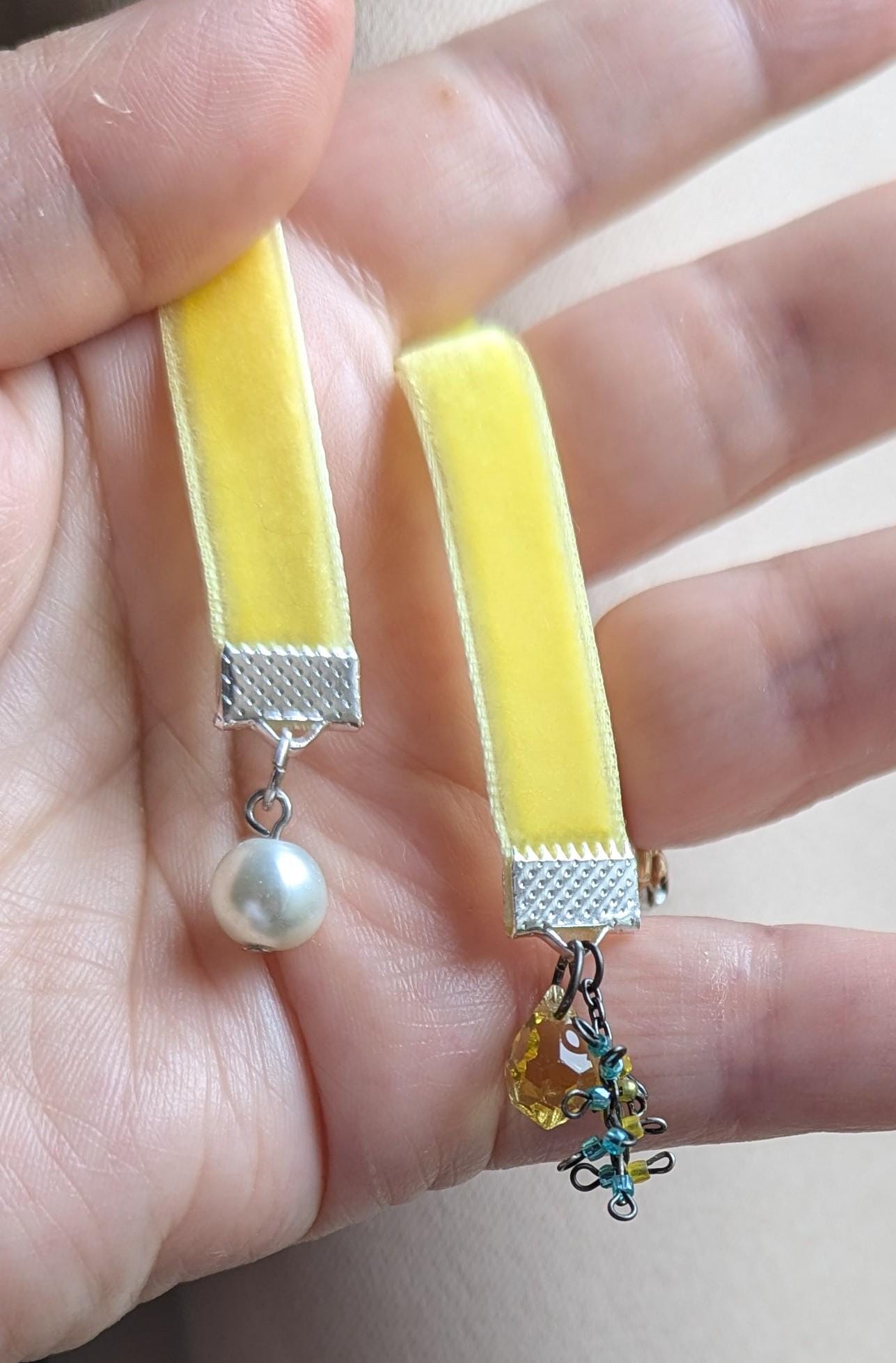 Sunny Velvet Bookmark with Vintage Beads – 6" Handmade Ribbon Bookmark with Pearl & Yellow Gem Dangles – Boho Book Accessory Gift