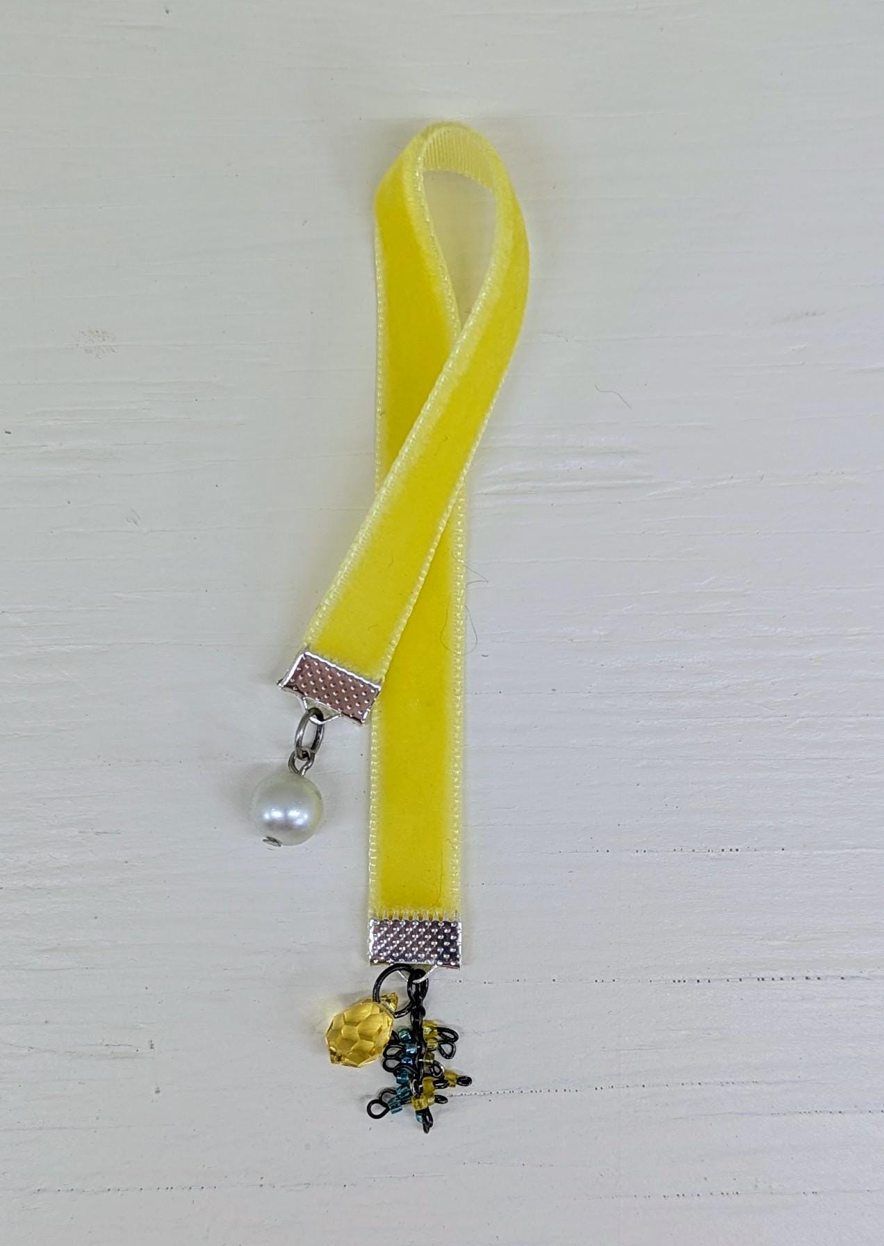 Sunny Velvet Bookmark with Vintage Beads – 6" Handmade Ribbon Bookmark with Pearl & Yellow Gem Dangles – Boho Book Accessory Gift