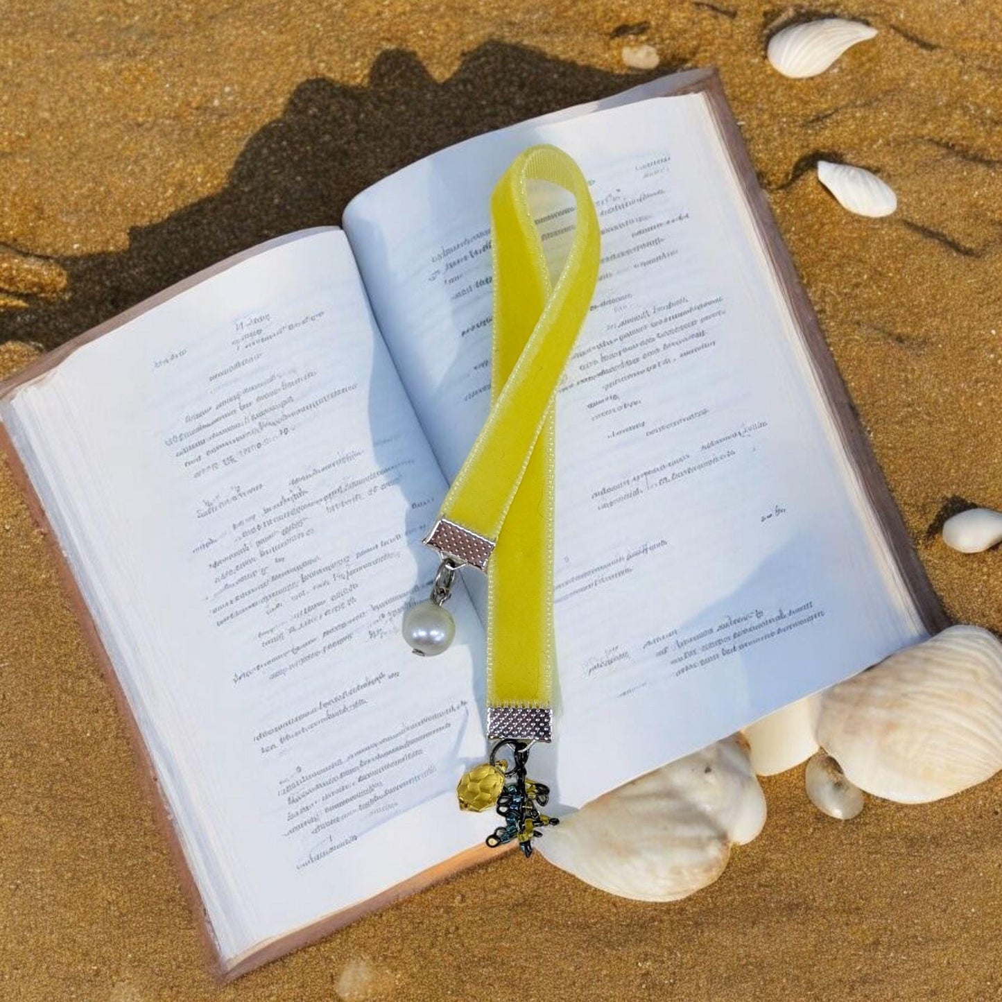 Sunny Velvet Bookmark with Vintage Beads – 6" Handmade Ribbon Bookmark with Pearl & Yellow Gem Dangles – Boho Book Accessory Gift