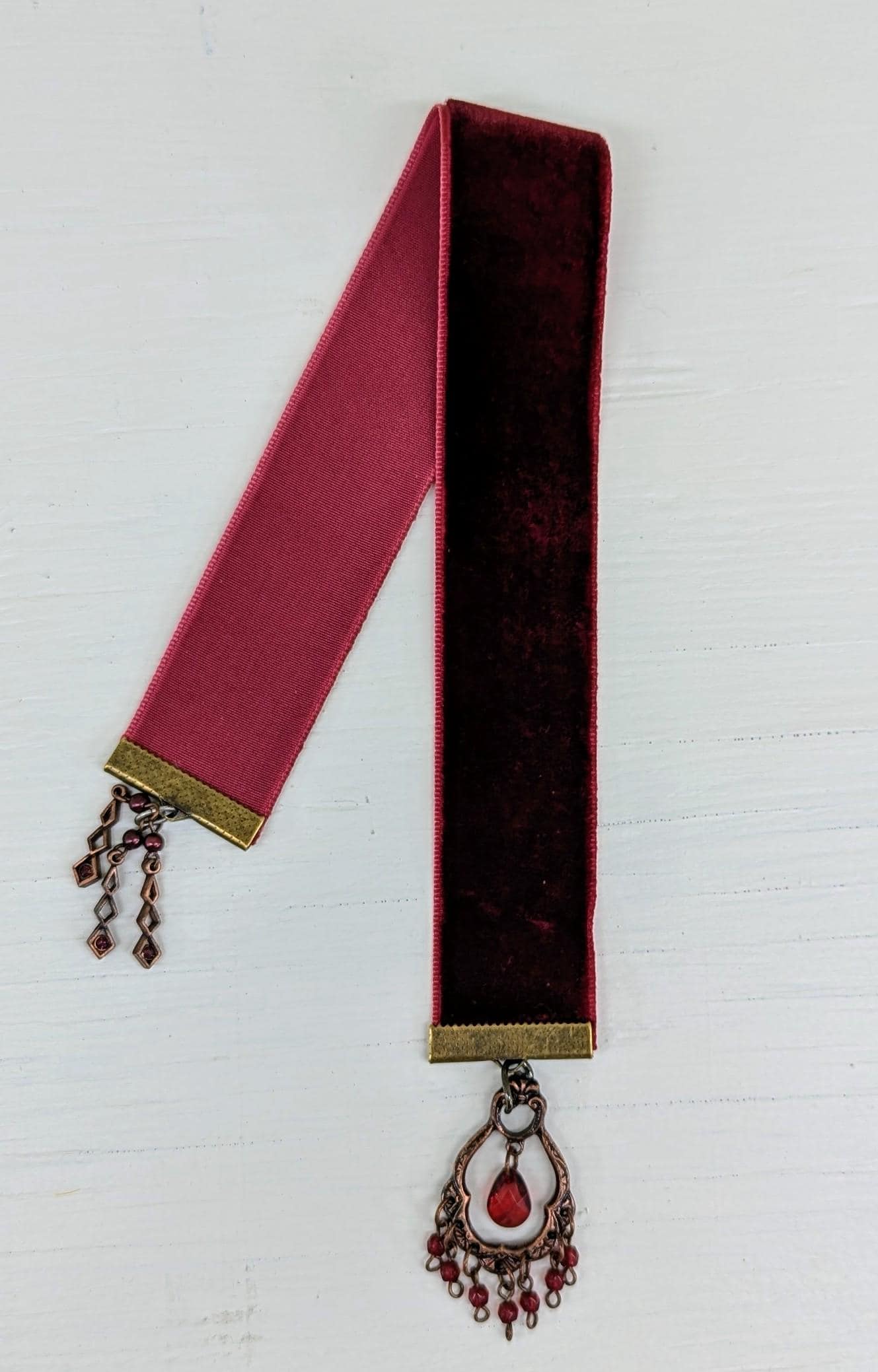 Garnet Velvet Bookmark – Boho Chandelier-Inspired Red Ribbon with Vintage Copper Filigree Charm | Handmade 10" Luxe Book Accessory