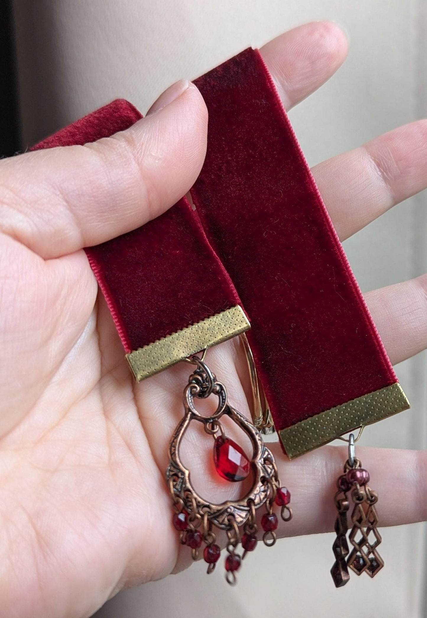 Garnet Velvet Bookmark – Boho Chandelier-Inspired Red Ribbon with Vintage Copper Filigree Charm | Handmade 10" Luxe Book Accessory