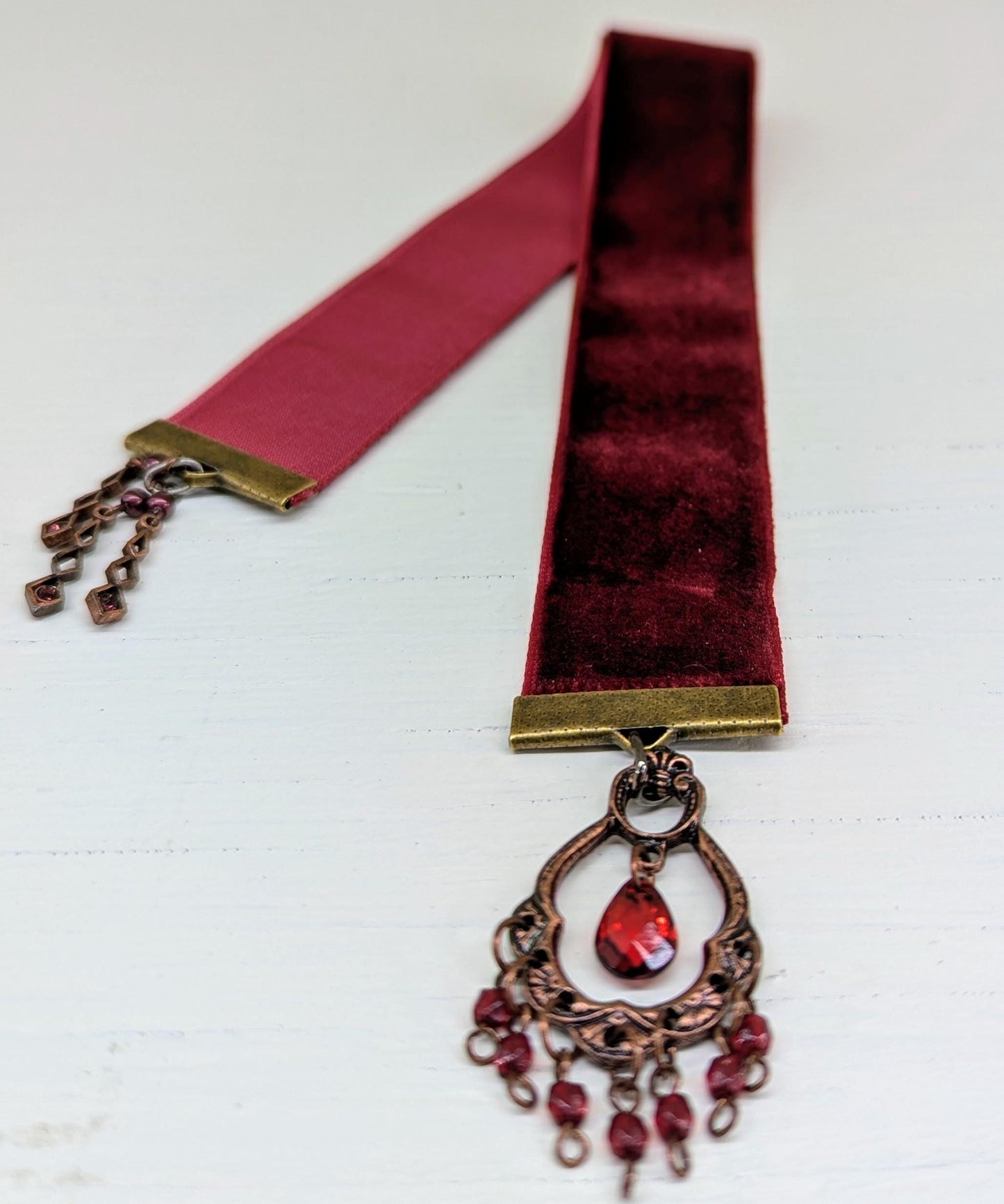 Garnet Velvet Bookmark – Boho Chandelier-Inspired Red Ribbon with Vintage Copper Filigree Charm | Handmade 10" Luxe Book Accessory