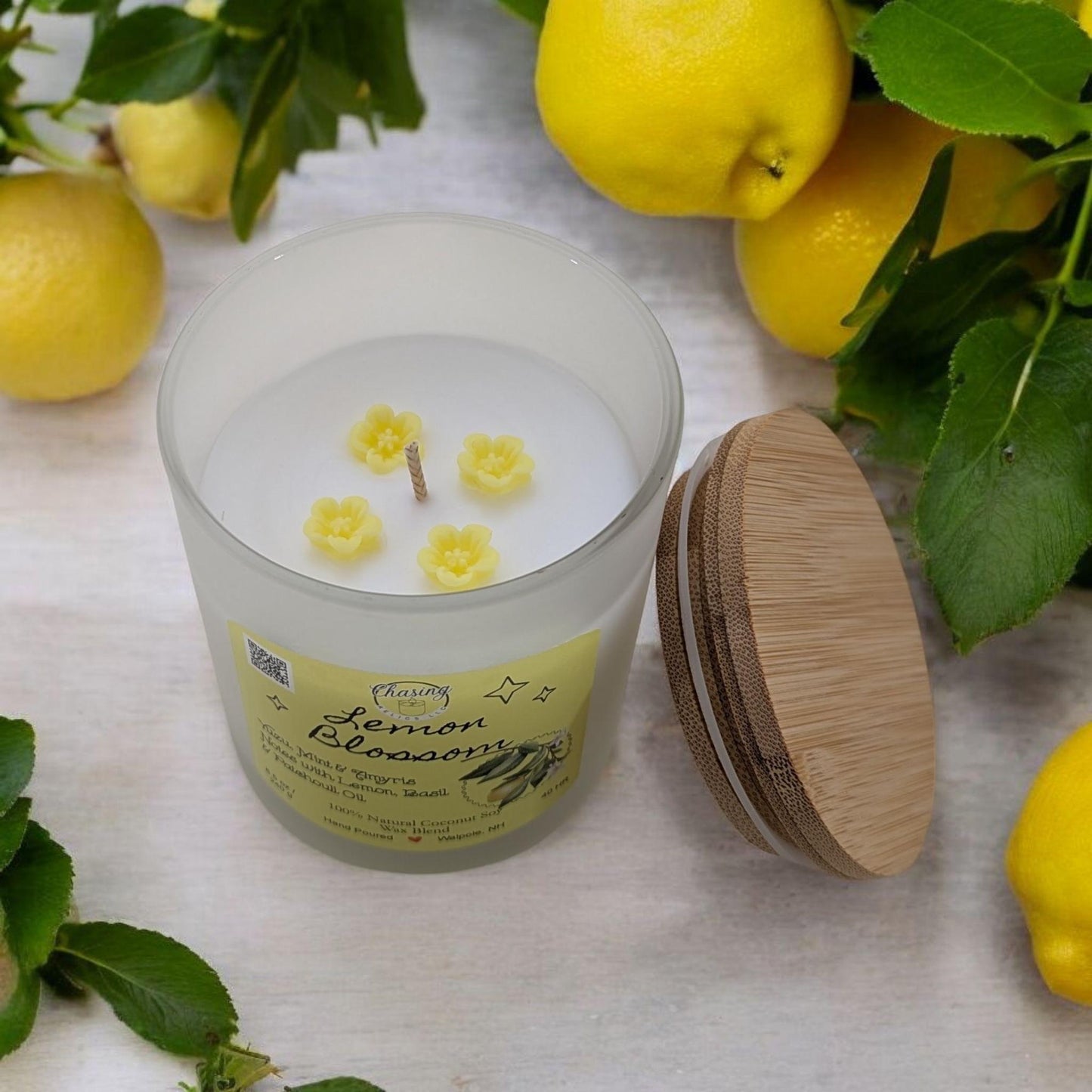 Lemon Blossom Candle – 8.5 oz | Hand-Poured in Frosted Jar with Bamboo Lid | Phthalate-Free | Summer Scent