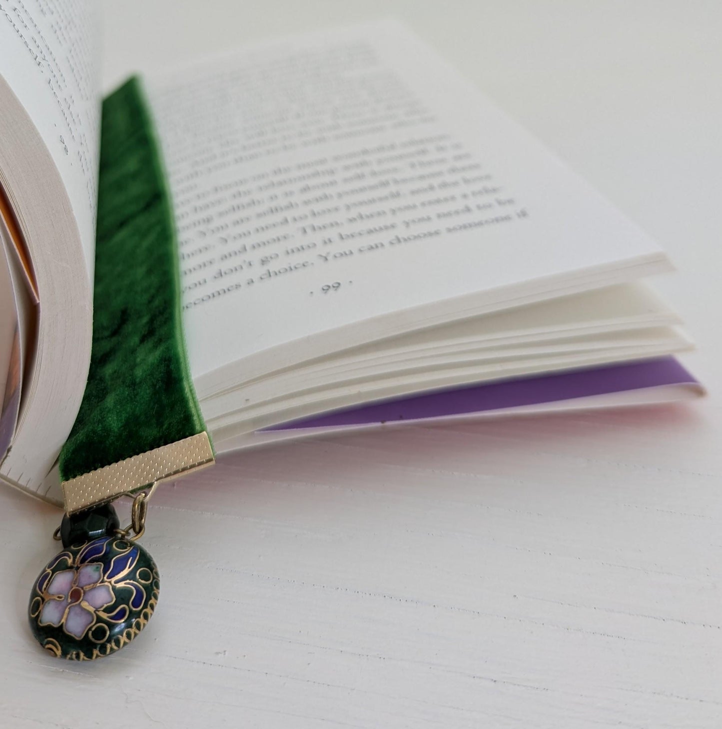 Emerald Velvet Bookmark with Vintage Floral Cloisonné Charm | Handmade Ribbon Bookmark | Luxe Book Lover Gift | 8" Length Medium Book Size