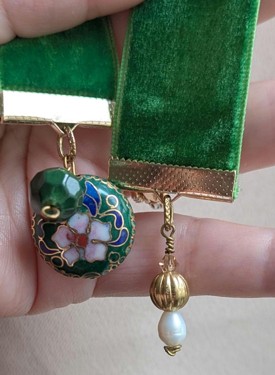 Emerald Velvet Bookmark with Vintage Floral Cloisonné Charm | Handmade Ribbon Bookmark | Luxe Book Lover Gift | 8" Length Medium Book Size