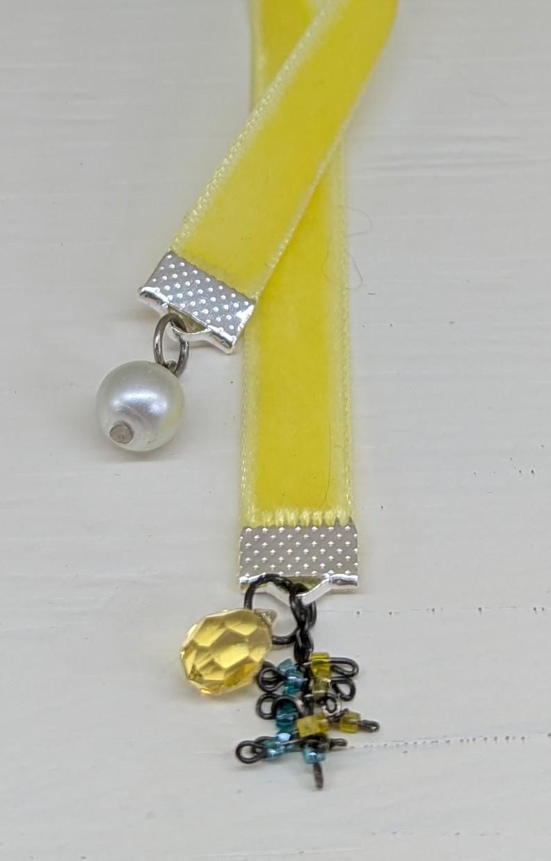 Sunny Velvet Bookmark with Vintage Beads – 6" Handmade Ribbon Bookmark with Pearl & Yellow Gem Dangles – Boho Book Accessory Gift