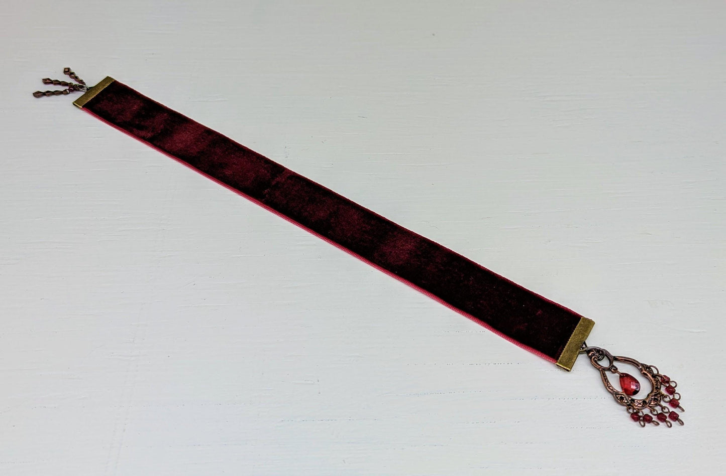 Garnet Velvet Bookmark – Boho Chandelier-Inspired Red Ribbon with Vintage Copper Filigree Charm | Handmade 10" Luxe Book Accessory