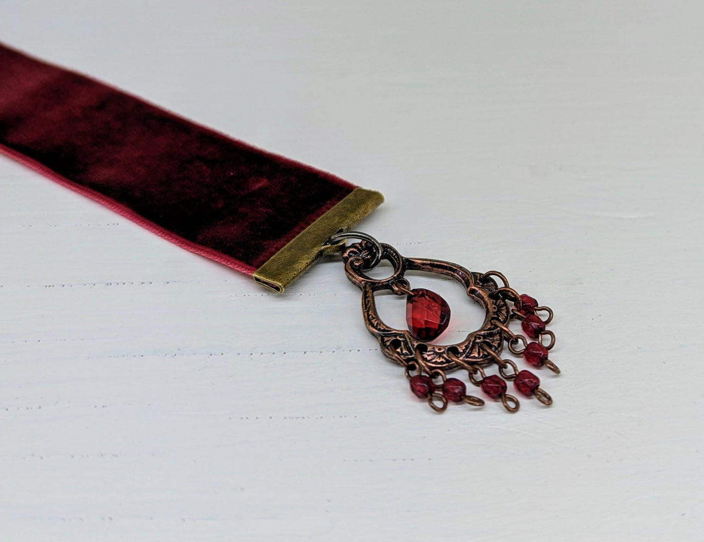 Garnet Velvet Bookmark – Boho Chandelier-Inspired Red Ribbon with Vintage Copper Filigree Charm | Handmade 10" Luxe Book Accessory