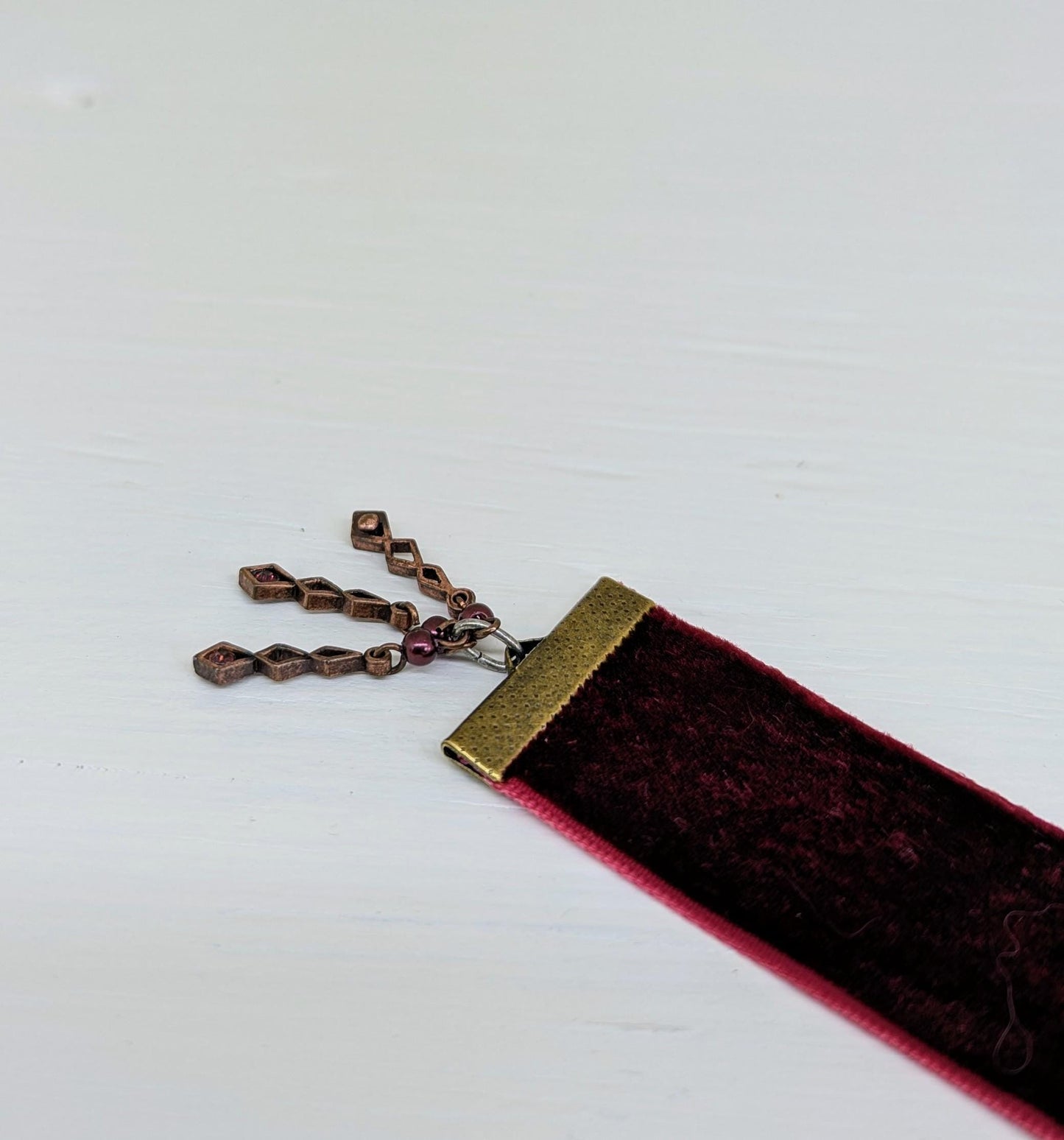 Garnet Velvet Bookmark – Boho Chandelier-Inspired Red Ribbon with Vintage Copper Filigree Charm | Handmade 10" Luxe Book Accessory