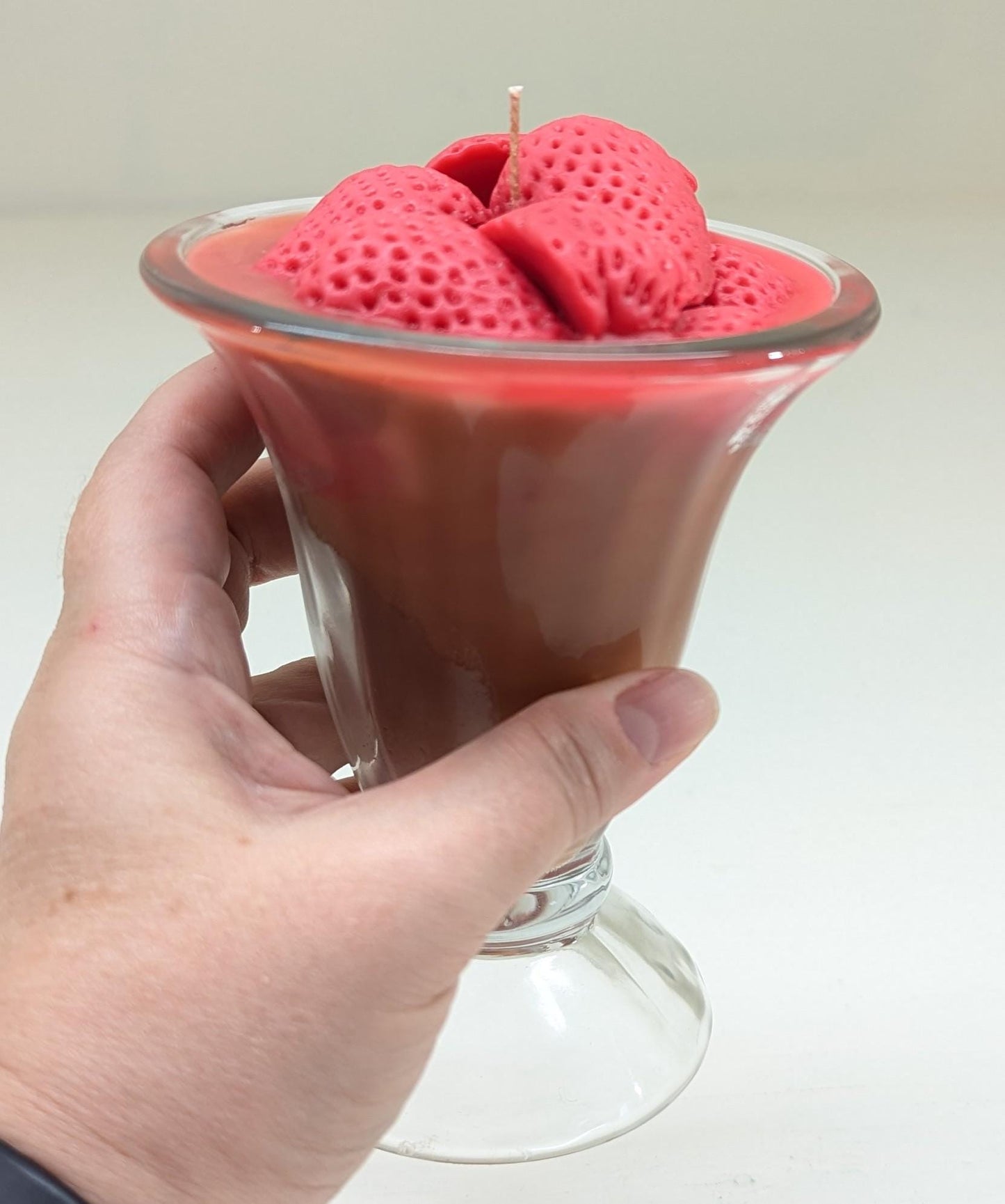 Strawberry Chocolate Sundae Candle – Vintage Glass Dessert Candle | Realistic Wax Strawberries | 6oz Coco Soy Candle | Handmade Gift