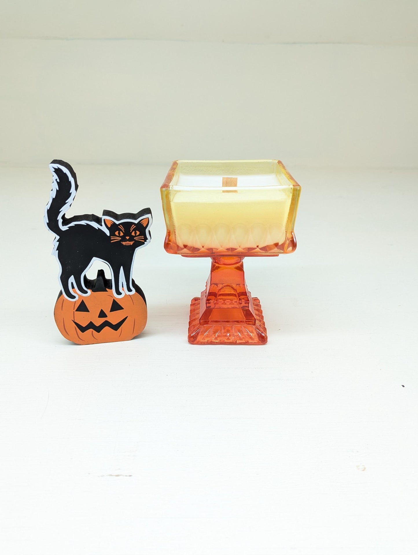 Apple Cider Candle – 10 oz Coco Soy | Vintage Orange Pedestal Glass | Wooden Wick | Hand Poured Autumn Candle