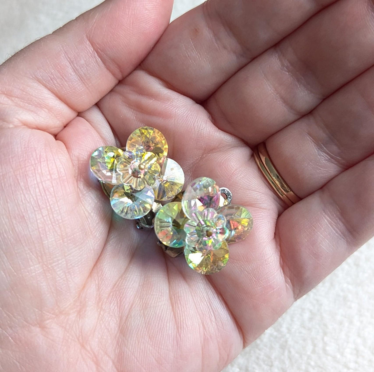 Vintage Aurora Borealis Clip-On Earrings – Iridescent Crystal Floral Design, Mid Century Costume Jewelry