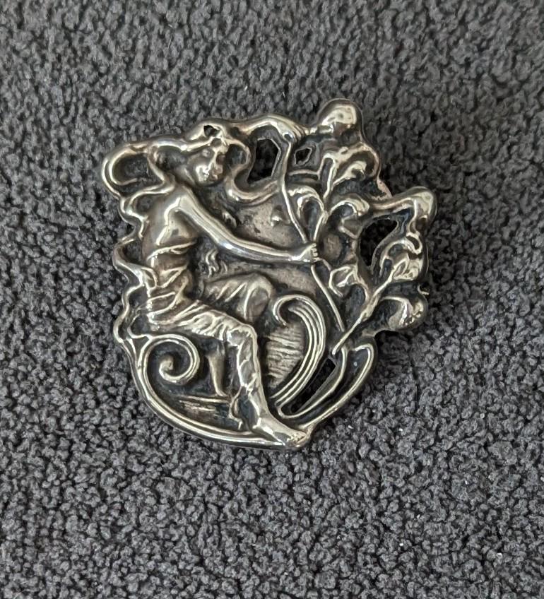 Antique Art Nouveau Sterling Silver Brooch | Repoussé Maiden, Nature Design
