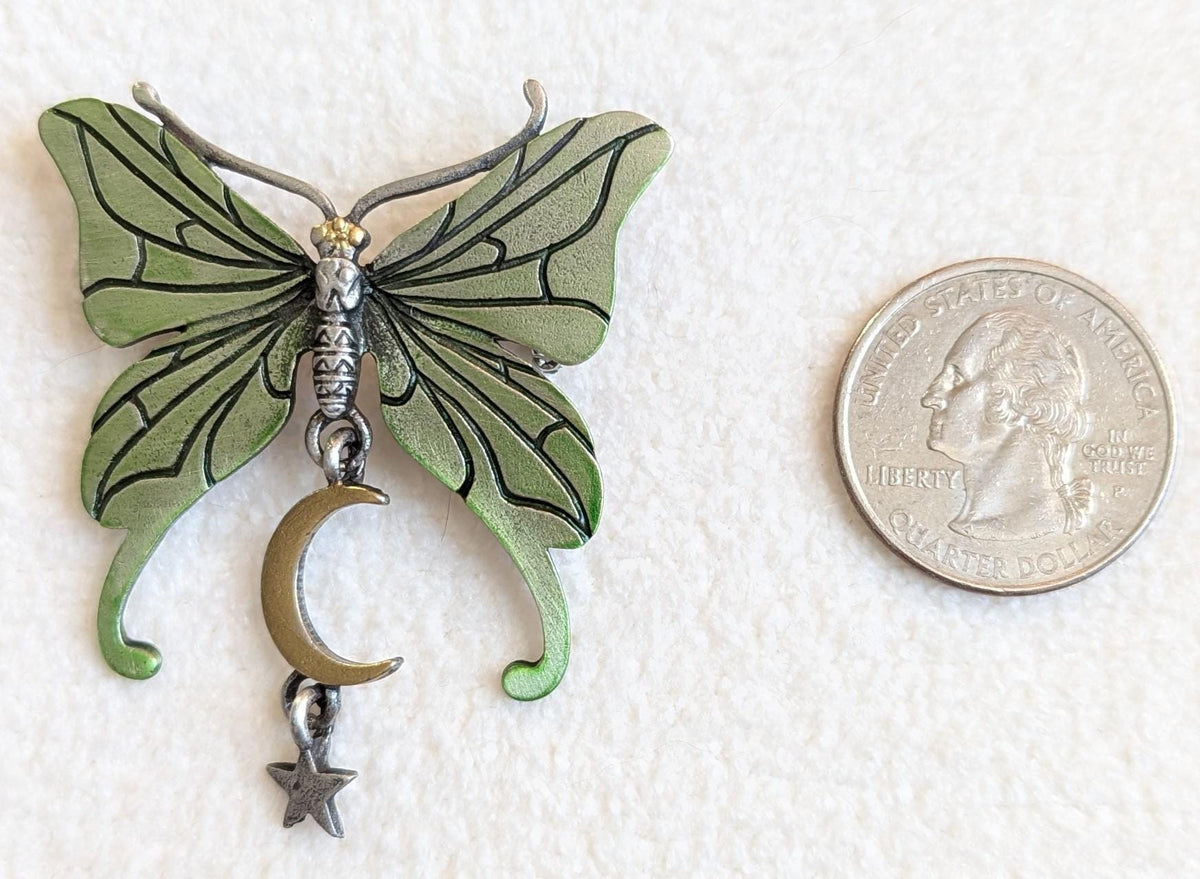 Vintage JJ Butterfly Brooch with Moon & Star Dangle – Pewter Green Celestial Pin