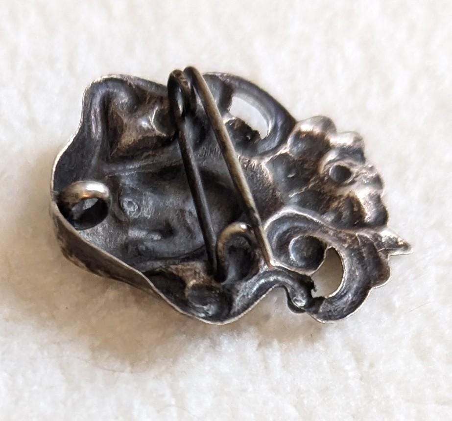 Antique Art Nouveau Sterling Silver Brooch Pendant, Repoussé Maiden Portrait