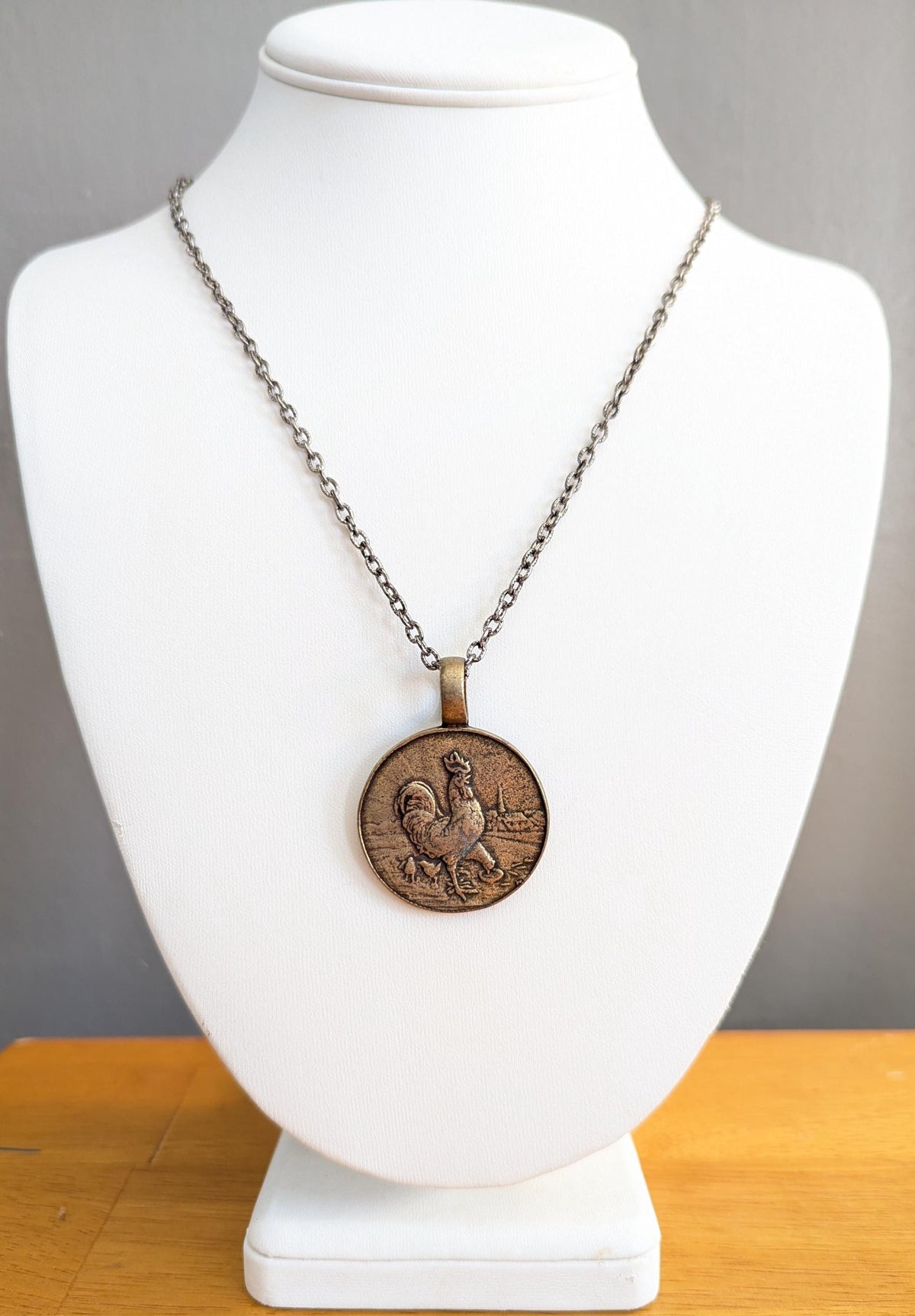 Vintage Rooster Medal Pendant Necklace | 1923 European Farm Token