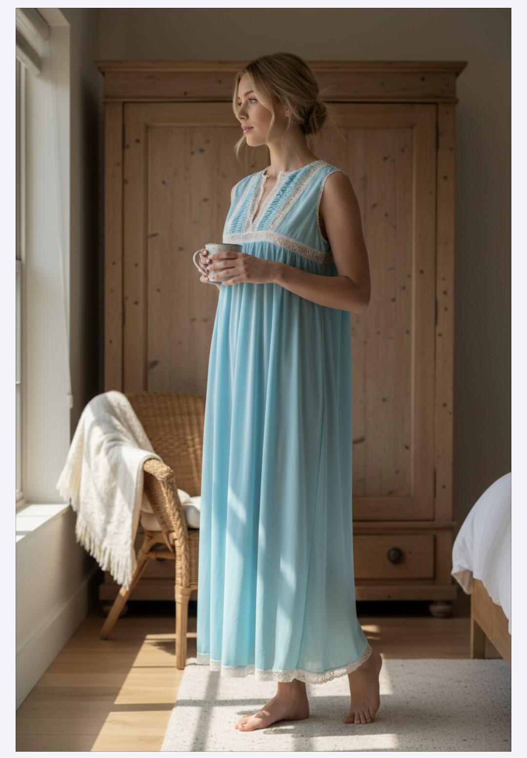 Vintage Aristocraft Turquoise Nylon Nightgown Lace Trim Pintuck Bodice Sleeveless Long Nightgown 70s Lingerie