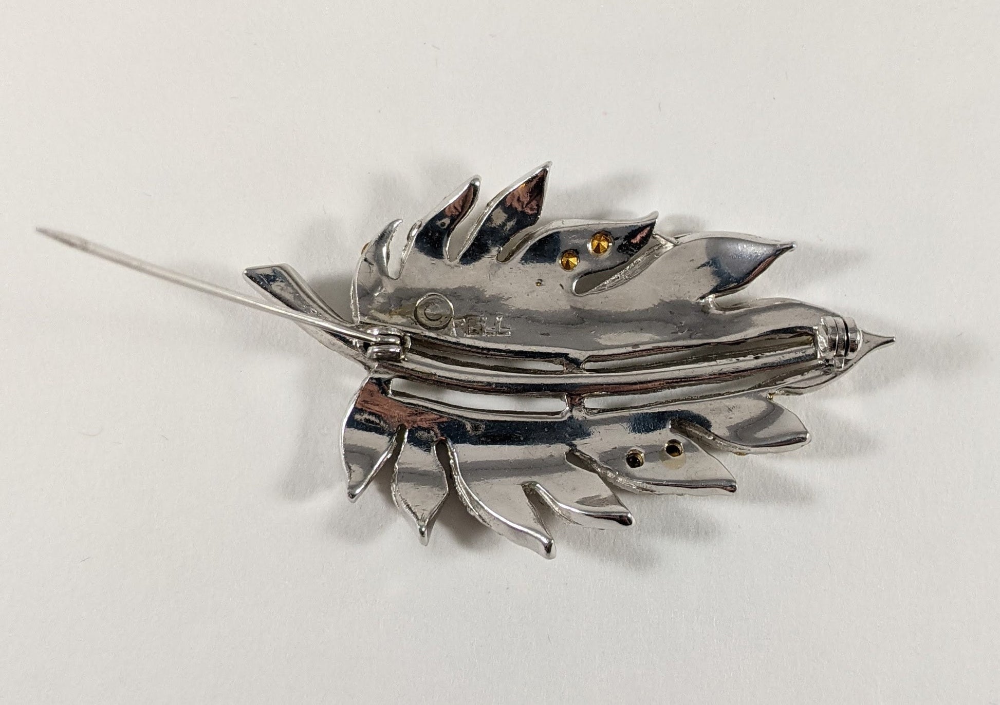 Vintage Pell Leaf Brooch, 1950s Rhinestone Costume Jewelry, Designer Signed, Collectible Signed Brooch, Bridal or Gift for Her