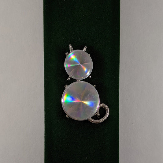 Jewelarama 1961 hologram cat brooch, vintage kitty pin, retro costume jewelry, collectible 1960s psychedelic fun gift for cat lover